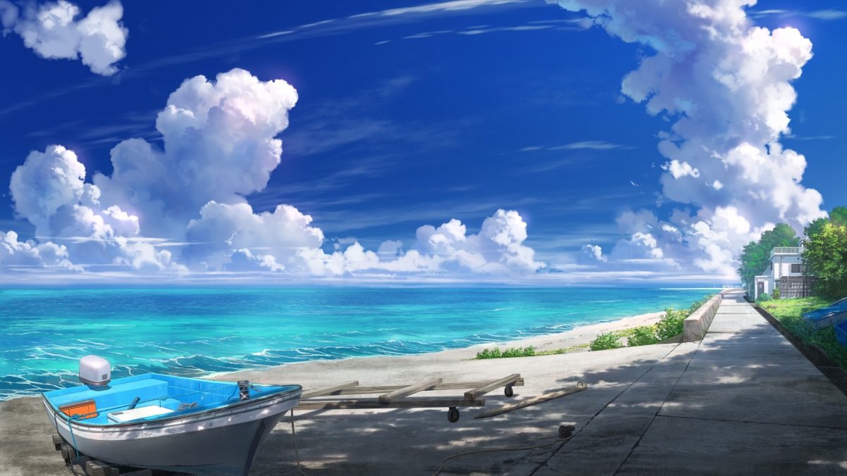 海滩 船 阳光 天空 云 房子 风景 4k壁纸 原创壁纸-第1张