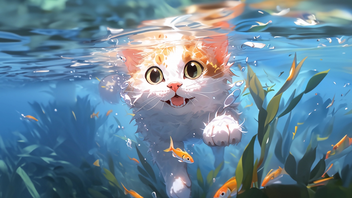 游泳的猫 AI生图 可爱绘画 4K壁纸 原创壁纸-第1张