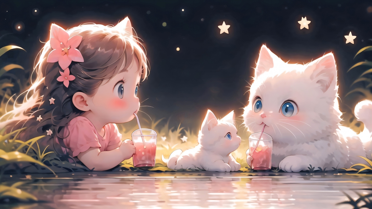 《一起喝果汁喵》小猫 女孩 画师：炼丹 4K高清无水印壁纸 动漫壁纸-第1张